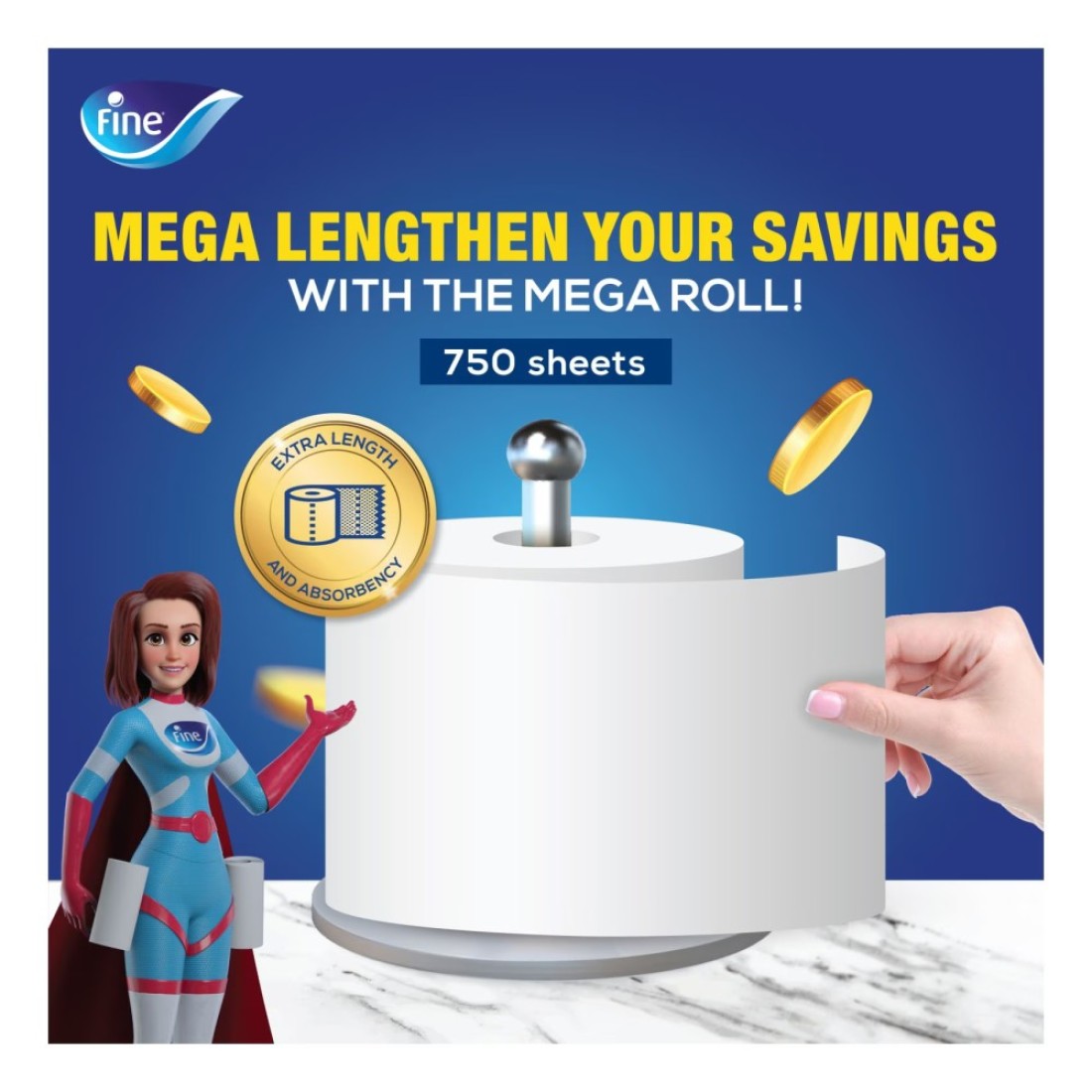 Fine Kitchen Tissue Roll 750Meters X 2 Ply 1 Mega Roll