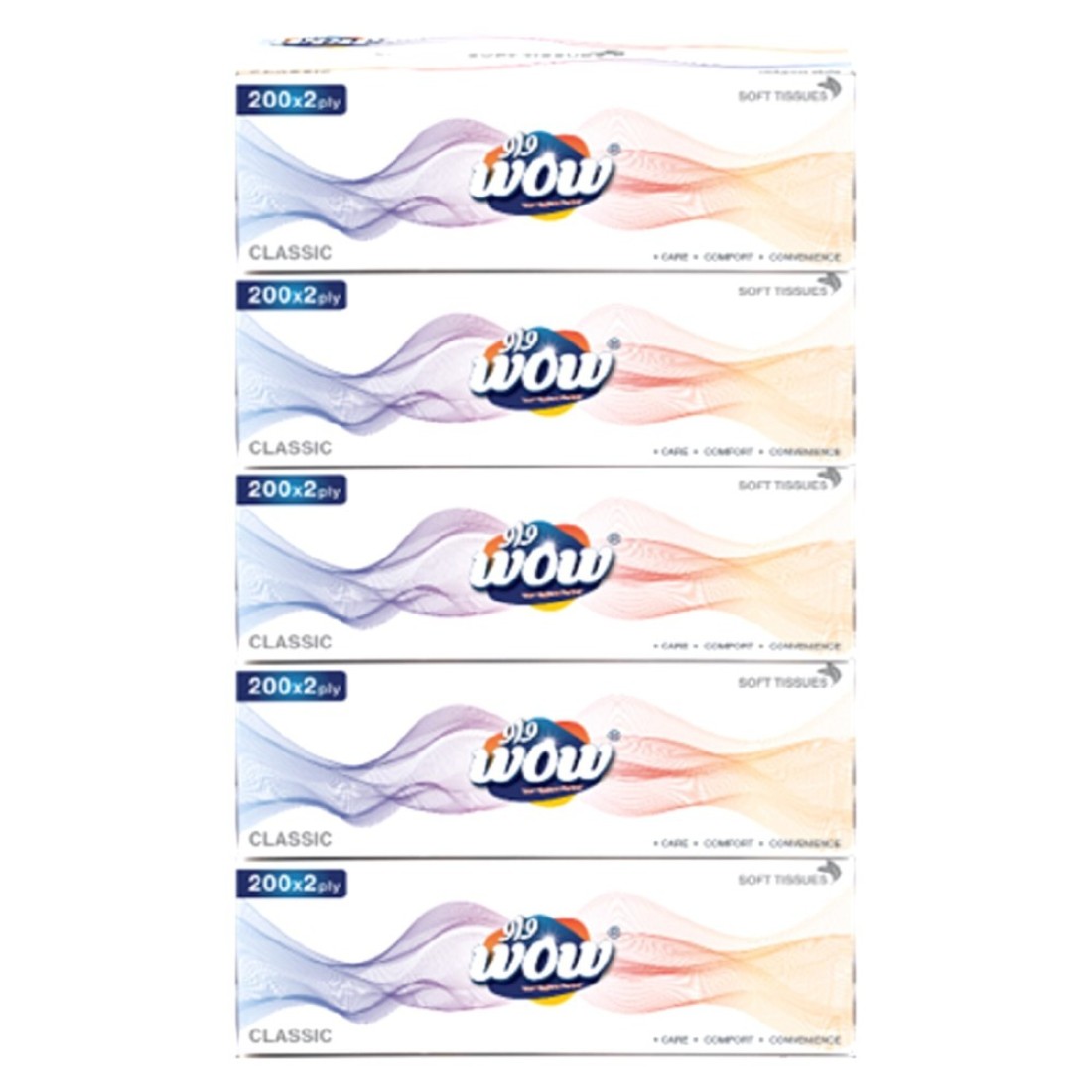 WOW Classic Facial Soft Tissues 2 Ply 200 Tissues Pack of 5