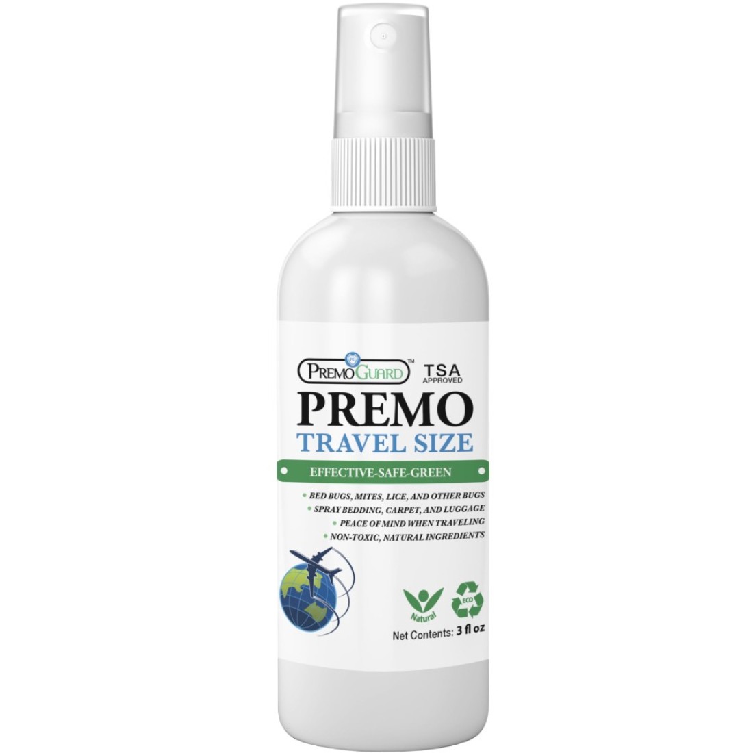 Travel Bed Bug Mite Killer Spray by Premo Guard 3 oz Child Pet Safe Fast Acting Stain Odor Free Best Protection Carryon Bag Approved
