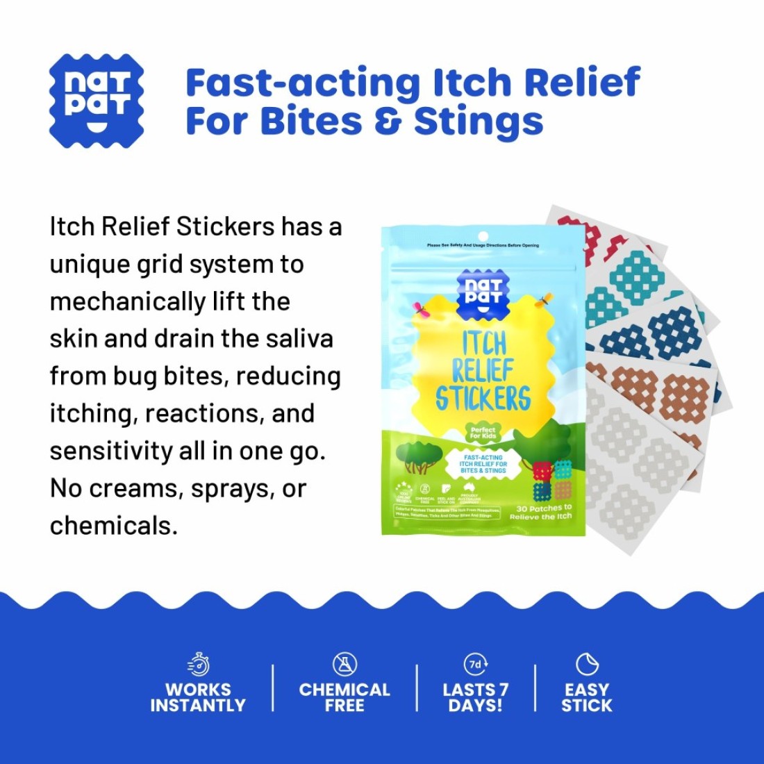 NATPAT Magic Patch Itch Relief Patches Insect Bite Patch for Mosquitos Ticks Midges Sandflies and Bed Bug Bites 30 Count BUZZPATCH The Original Natural Patch for Itch Relief