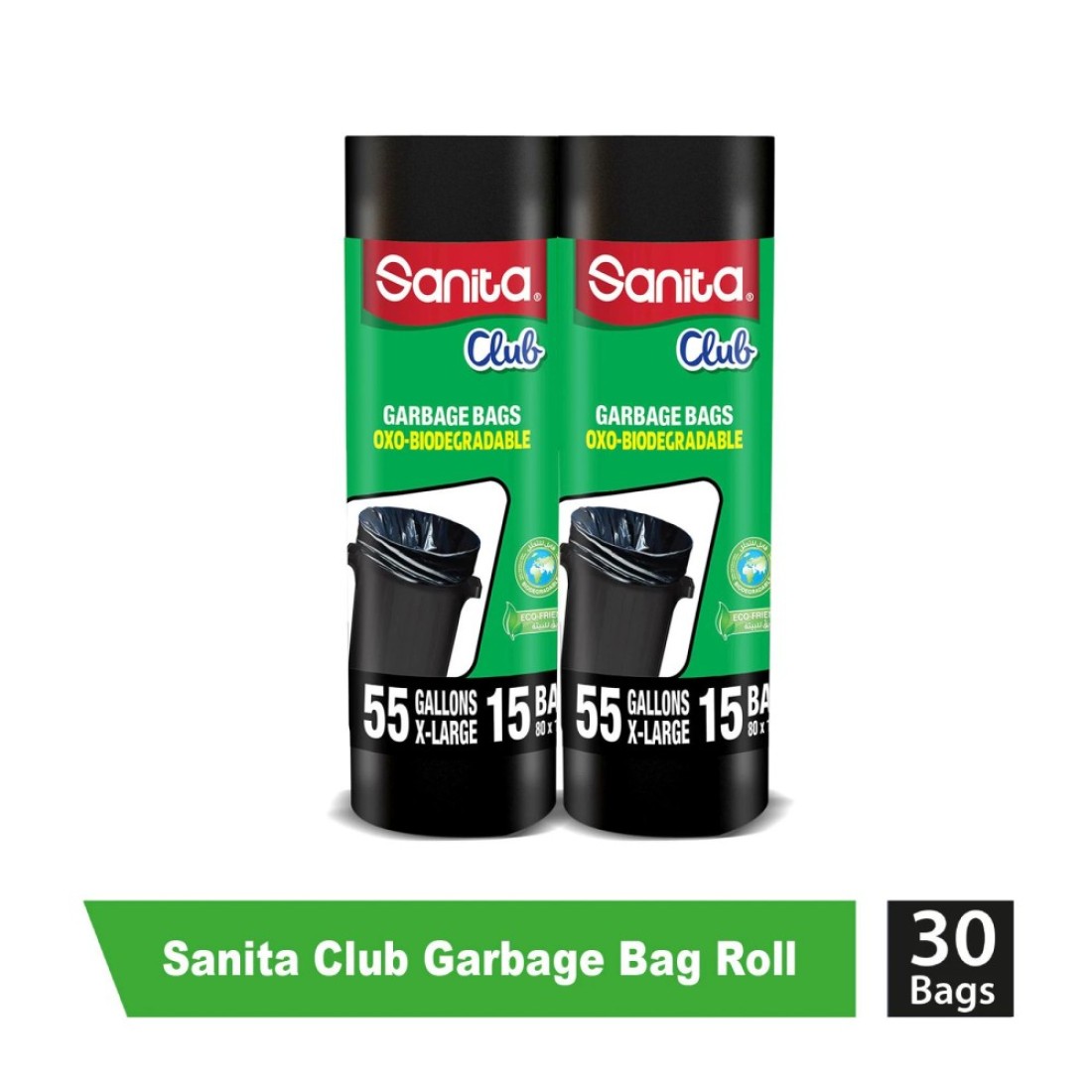 Sanita Club 55 Gallon Oxo-Biodegradable XL Black 2 Garbage Bags