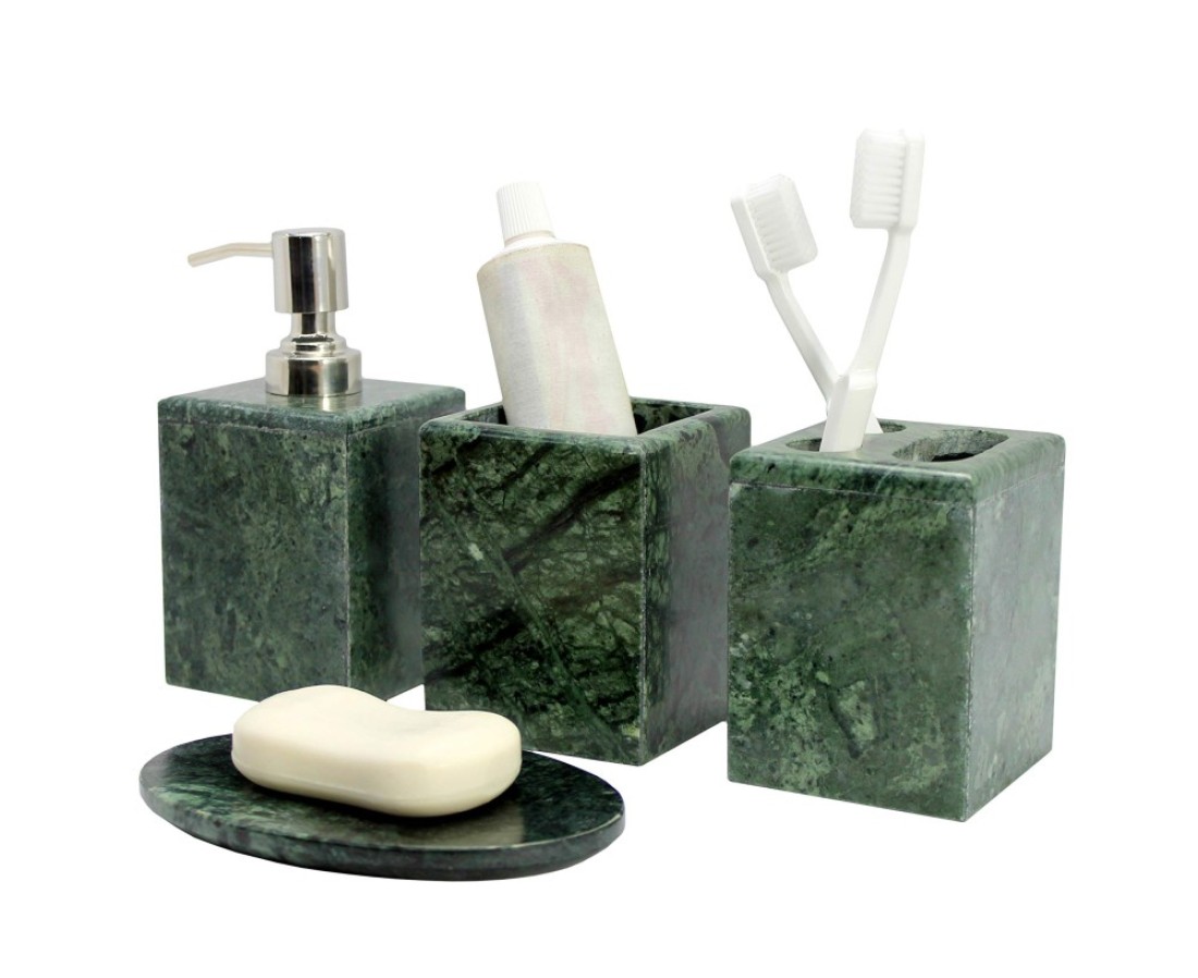 KLEO Bathroom Accessory Set Made from Natural Stone Bath Accessories Set of 4 Includes Soap Dispenser Toothbrush Holder Tumbler and Soap Dish Green