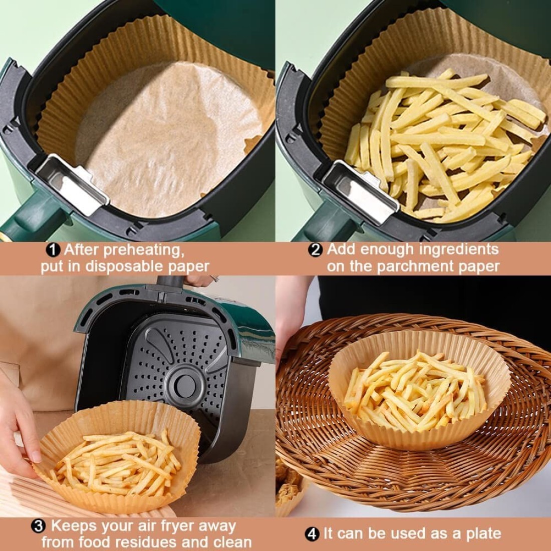 Marrkhor 100Pcs Air Fryer Disposable Paper Liner Round Natural Parchment Paper For Air Fryer, Non-Stick Oil-Proof Food Grade Paper Liner For Baking Roasting Microwave