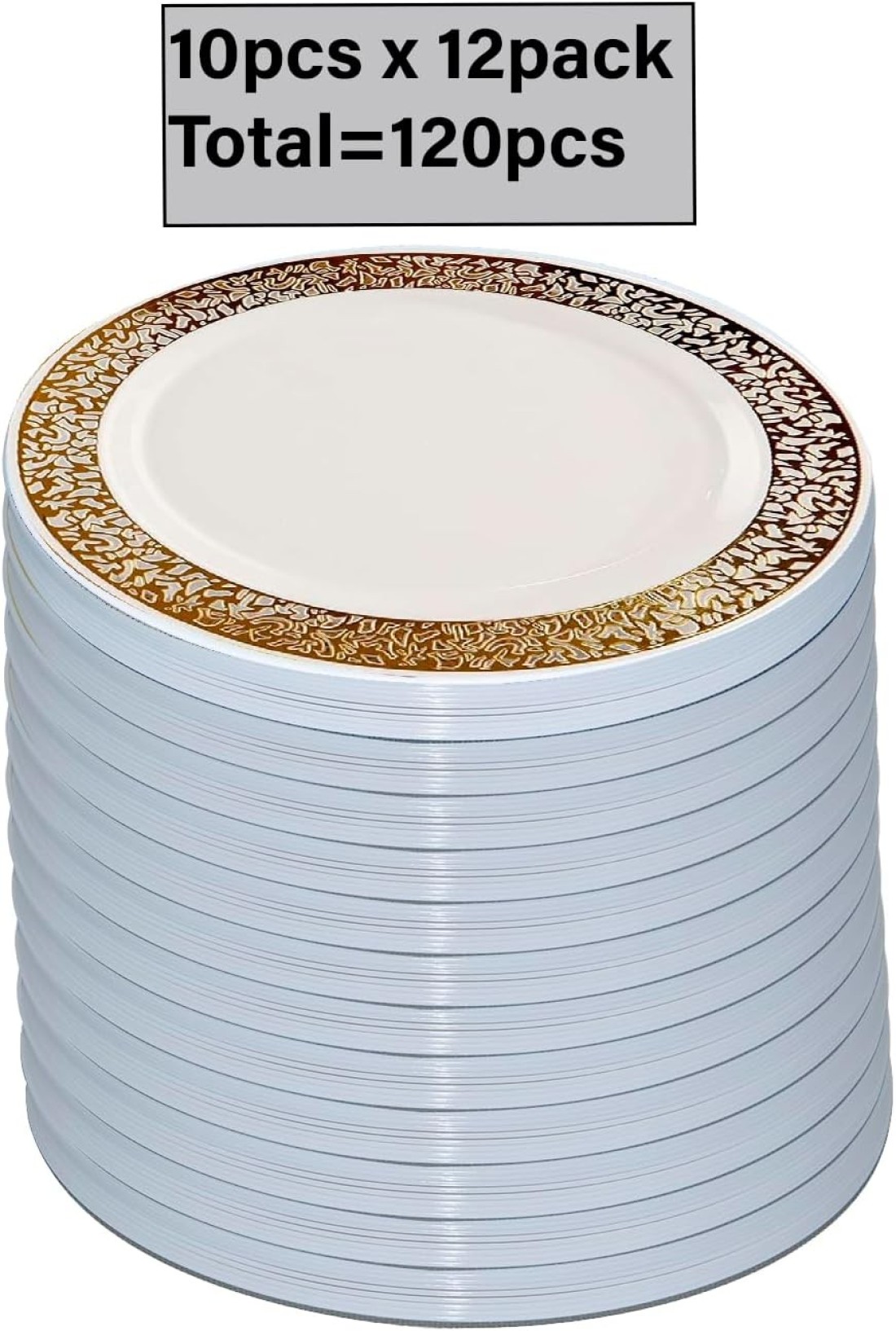 9&quot; Disposable Plastic Plates, White &amp; Gold Color, 35g Weight, Pack of 120 Plates