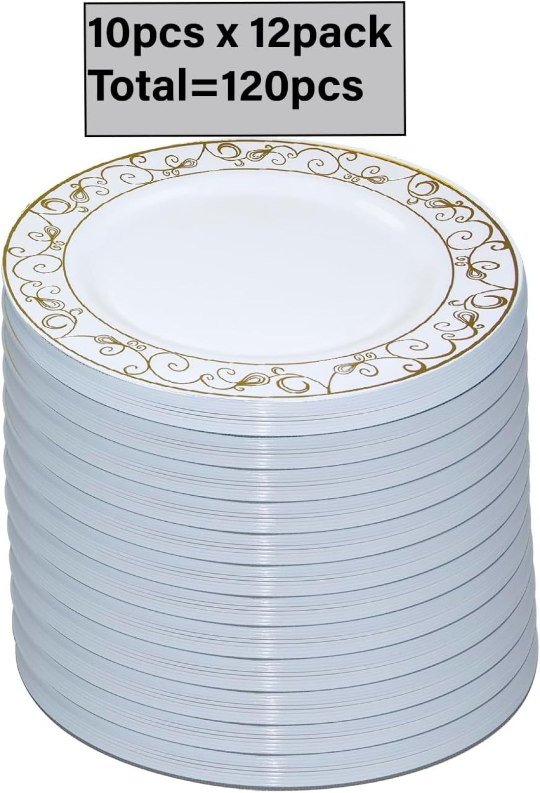 7.5&#39;&#39; White &amp; Gold Disposable Plastic Plates &ndash; 24g, Sturdy &amp; Elegant &ndash; Pack of 120 plates