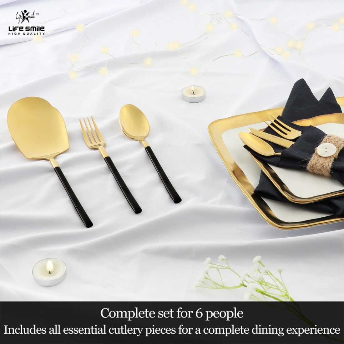 LIFE SMILE Cutlery Set, 18/10 Pure Stainless Steel Flatware Set with Stand, Rust Proof &amp; Fade Proof Dinnerware Set (SHINY GOLD HEAD &amp; SHINY BLACK HANDLE, 38 Pieces)