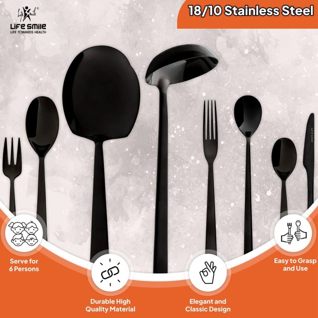 LIFE SMILE Cutlery Set, 18/10 Pure Stainless Steel Flatware Set with Stand, Rust Proof &amp; Fade Proof Dinnerware Set (SHINE BLACK, 38 Pieces)