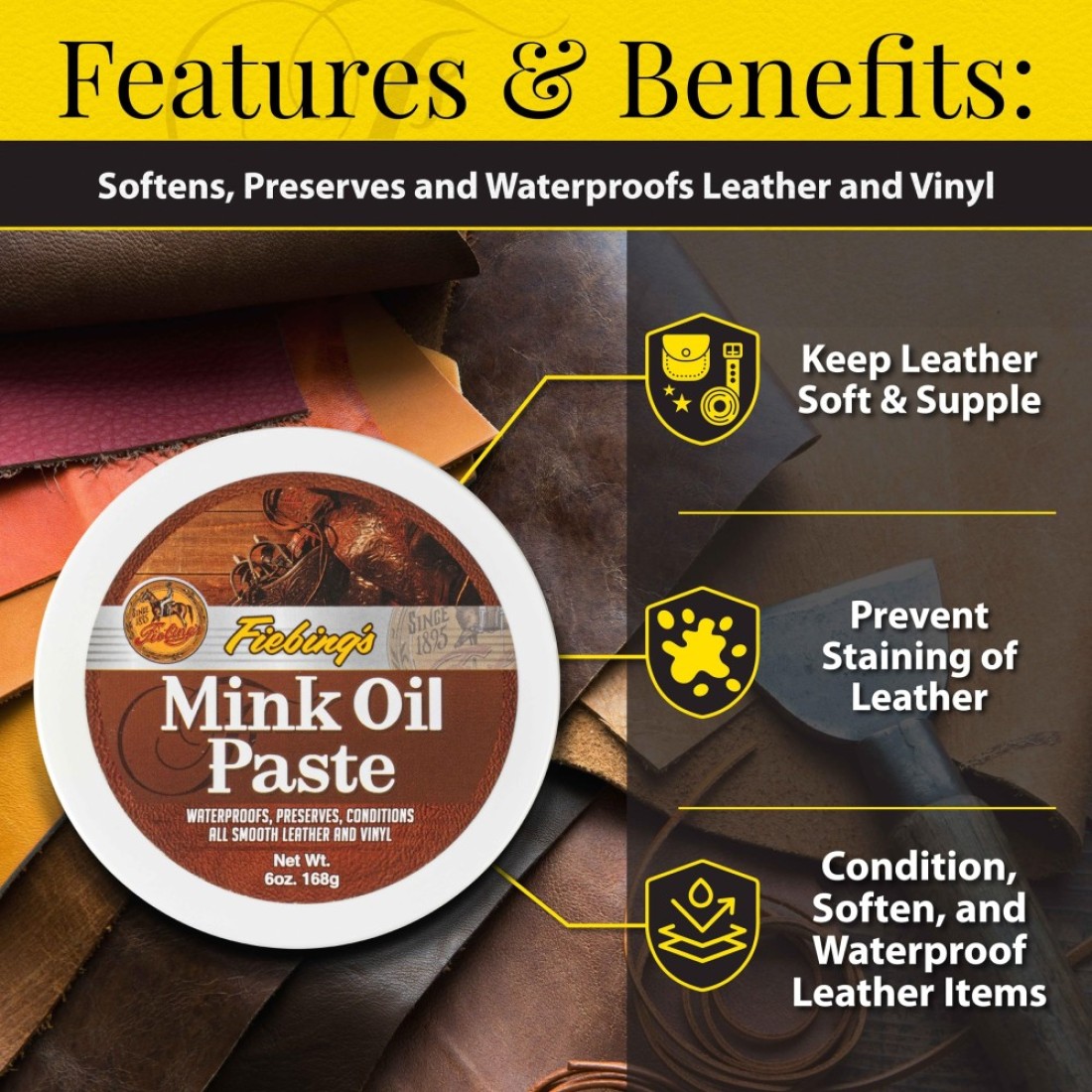 Fiebings Mink Oil for Leather Boots 6 oz Leather Cleaner Conditioner Waterproof Preserve Soften All Smooth Leathercraft Vinyl Prevents Salt Stains Use On Couch Shoe Purse Belt