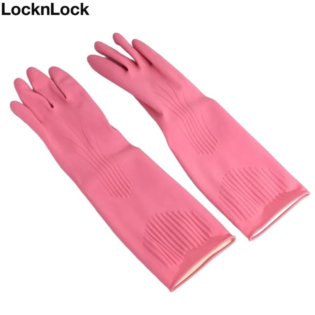 LocknLock Pink Rubber Gloves (M) 36cm - Non-Slip Grip, Comfortable Fit, Ideal for Household Cleaning