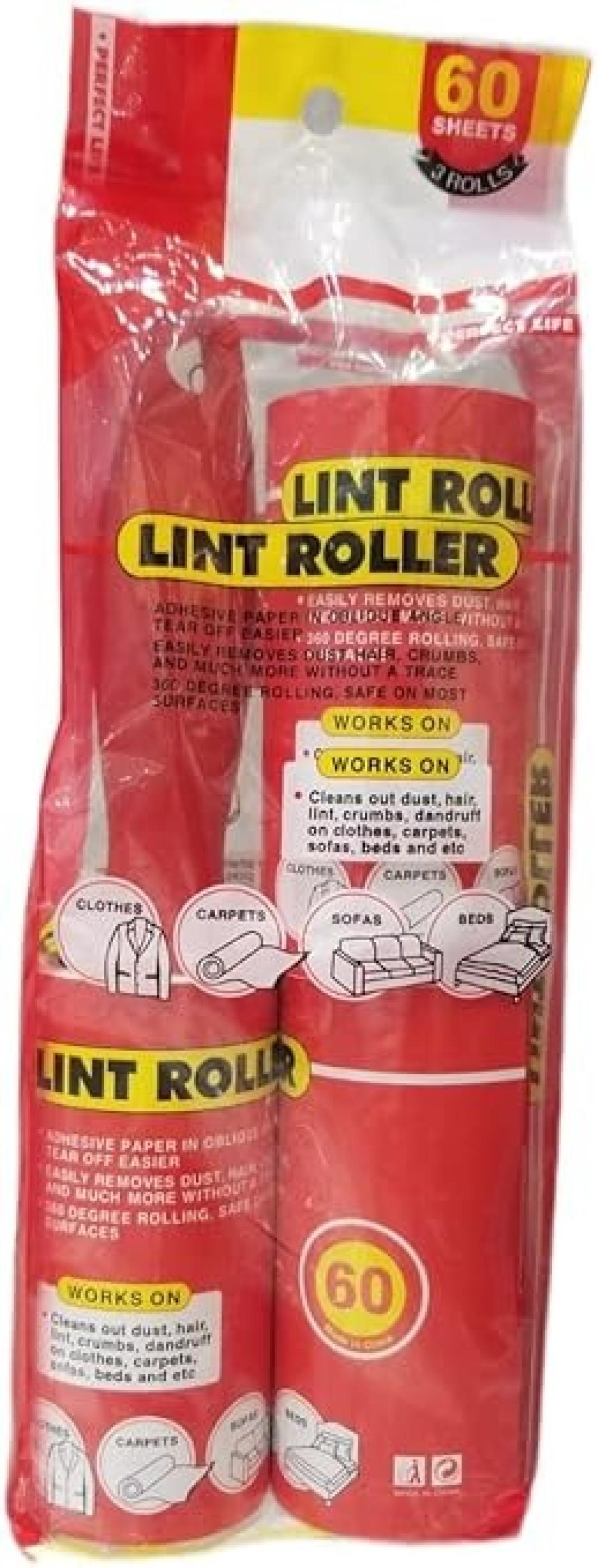 Lint Roller Clothes Brush, Pet Hair Remover, Value Pack/3 Rollers, RED,