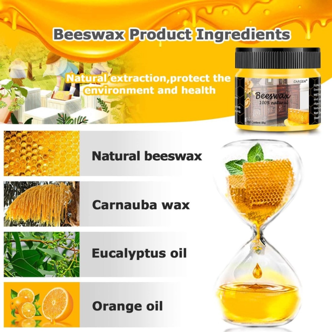 CARGEN Beeswax Furniture Polish Wood Seasoning Beeswax for Furniture Wood Polish for Floor Tables Chairs Cabinets for Home Furniture to Protect and Care 1pcs Wood Wax and Sponge