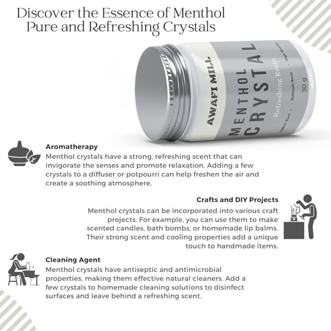 AWAFI MILL Menthol Crystal - Pure and Refreshing Crystals for Aromatherapy (Bottle of 50 gram / 1.7 Oz)