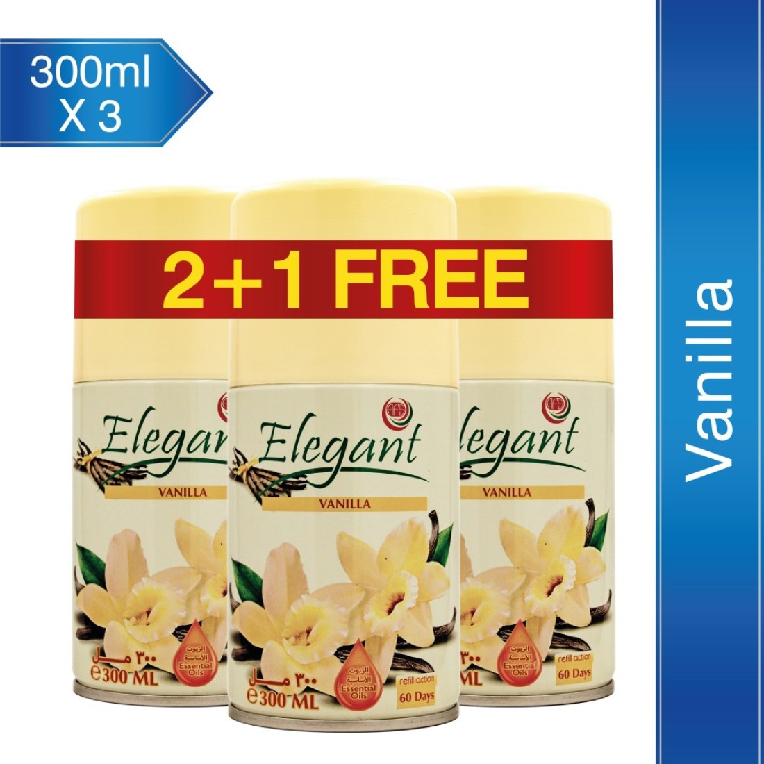 Elegant Automatic Spray REFILL &ndash; Vanilla &ndash; 300ML &ndash; Pack of 3, Triple Pack (300ML x 3 Pcs) &ndash; Air Freshener REFILL for Home And Bathroom, Made With ESSENTIAL OILS
