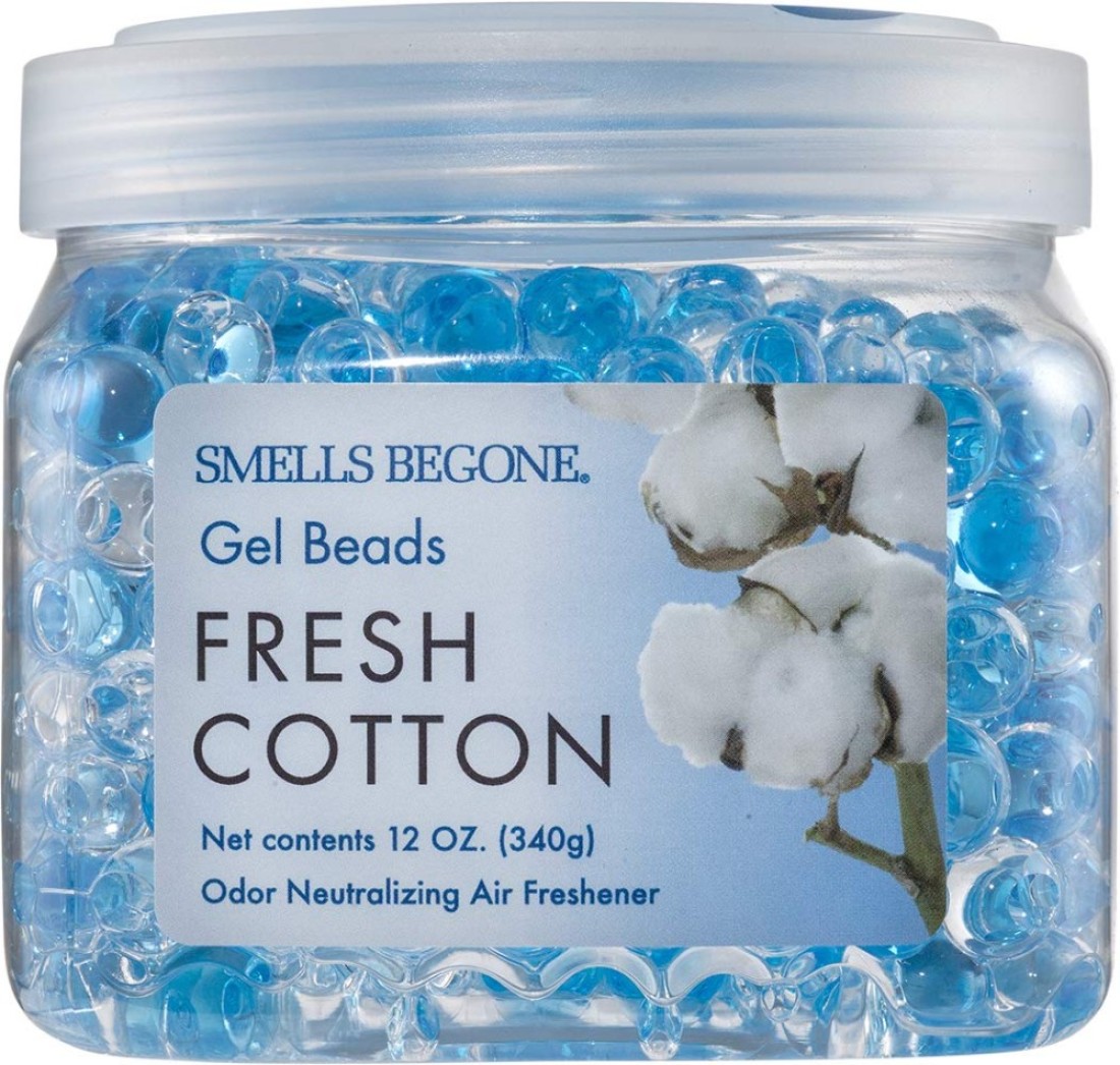 SMELLS BEGONE Odor Eliminator Gel Beads Air Freshener Eliminates Odor in Bathrooms Cars Boats RVs Pet Areas Made with Essential Oils Fresh Cotton Scent 12 Ounce
