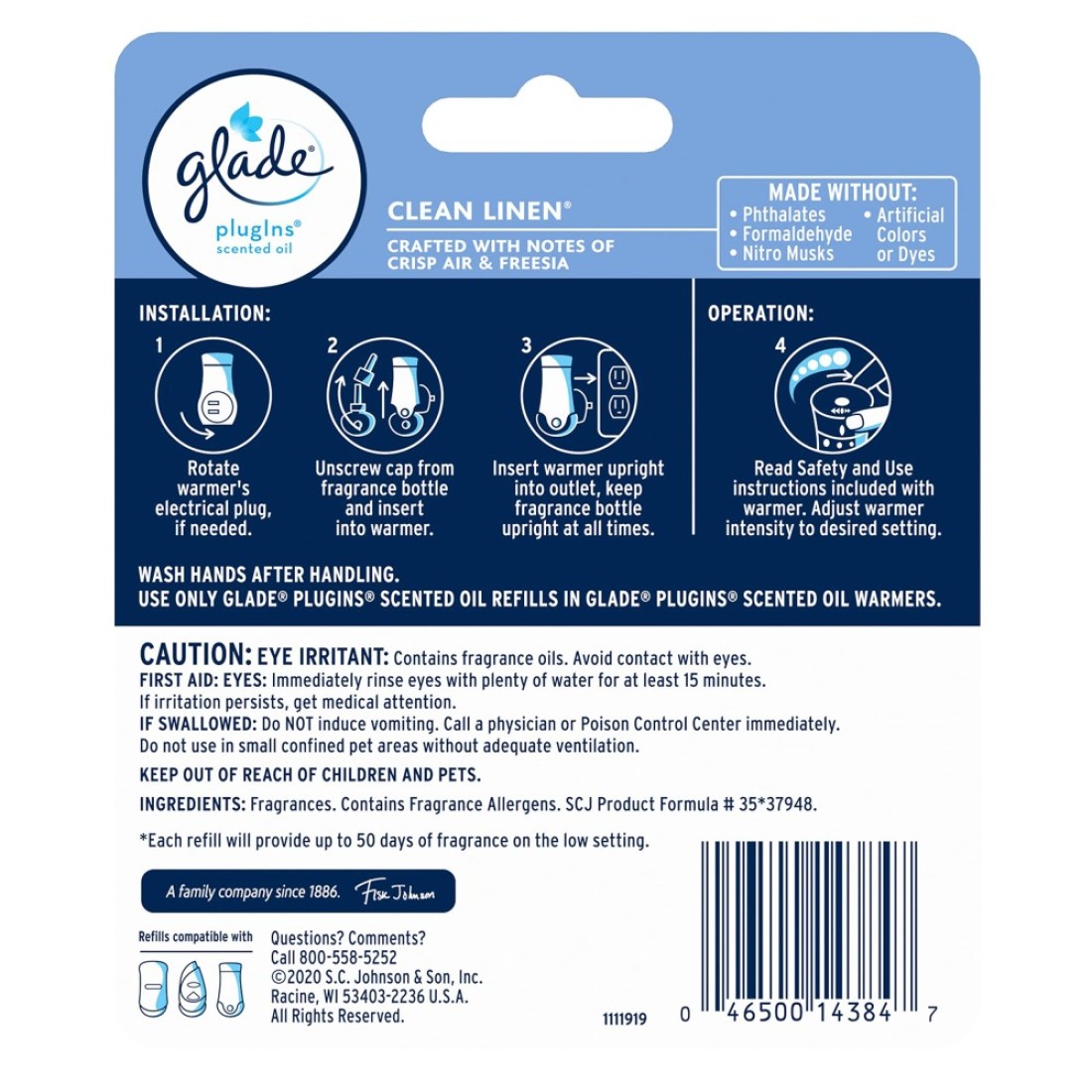 Glade PlugIns Refills Air Freshener Scented and Essential Oils for Home and Bathroom Clean Linen 134 Fl Oz 2 Count
