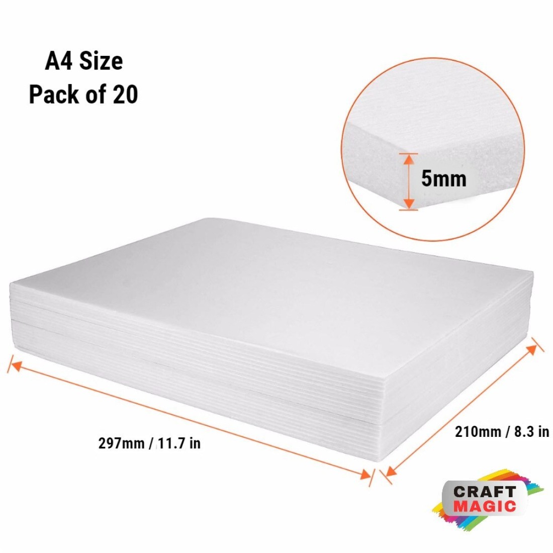 20 Pack A4 Foam Board (297x210mm), 5mm Thickness Polystyrene Sheet, White Foam Core Board, Foam Sheets for Crafts, Printing, Modelling, Display