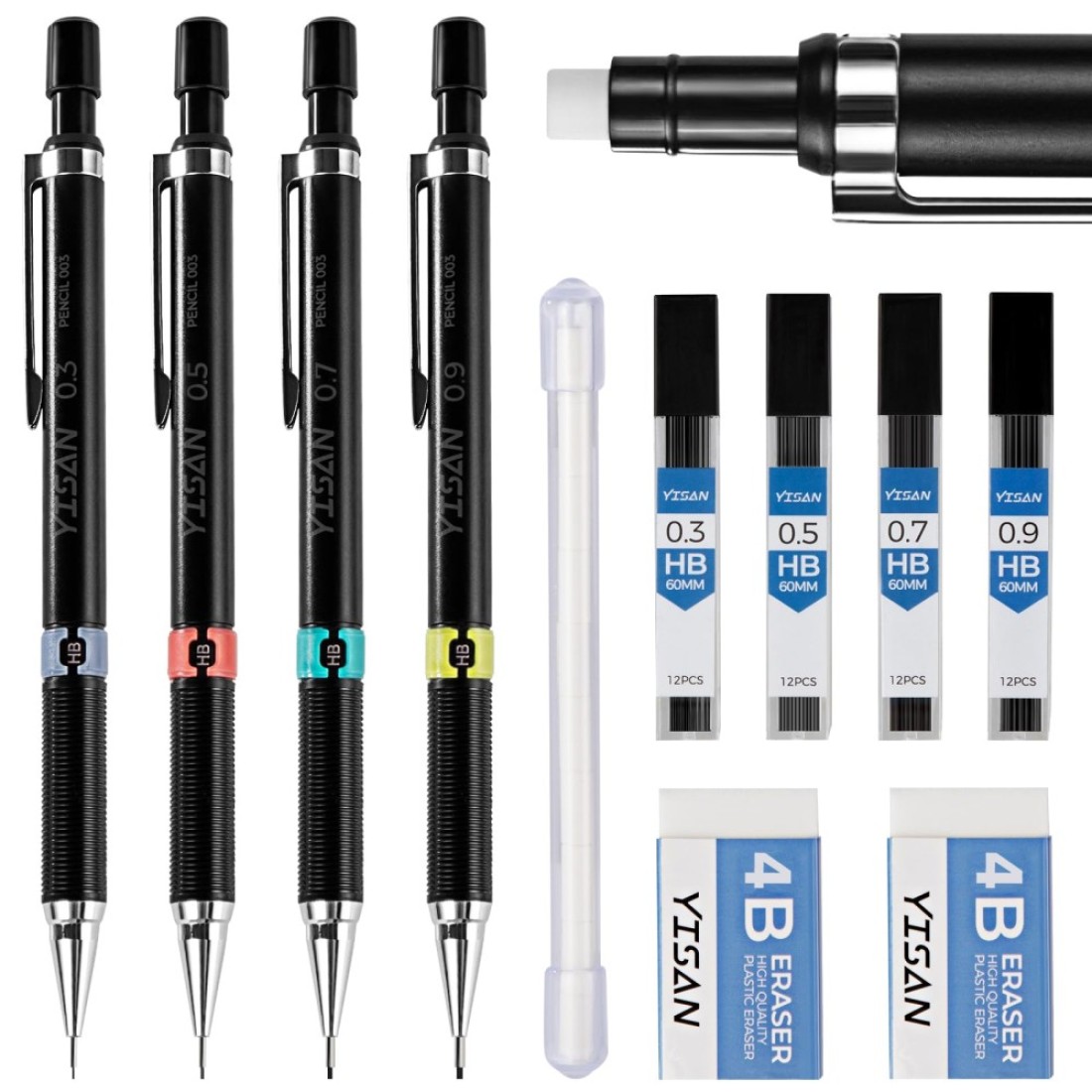 YISAN Mechanical Pencil Set 03 05 07 09mmAutomatic PencilLead Pencils 4 PCS with Erases and Lead Refills for School WritingSkechingDrawing70719