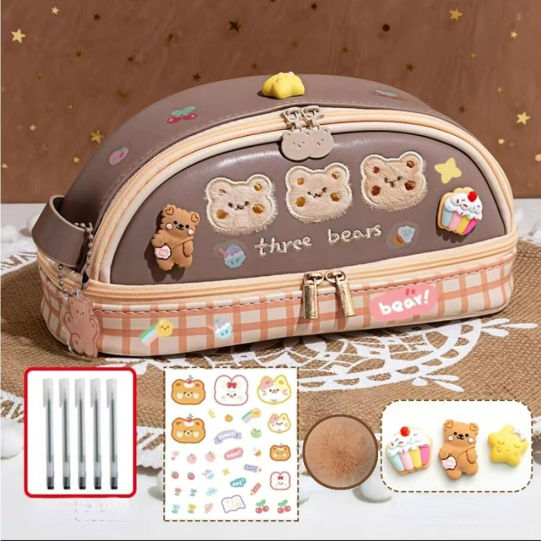 ORTROLA Double Layer Stationery Organizer Box Cute Bear Big Size Pencil Case with Compartment Office Supply Organizer Stationery Box Best Birthday Present Brown Bear