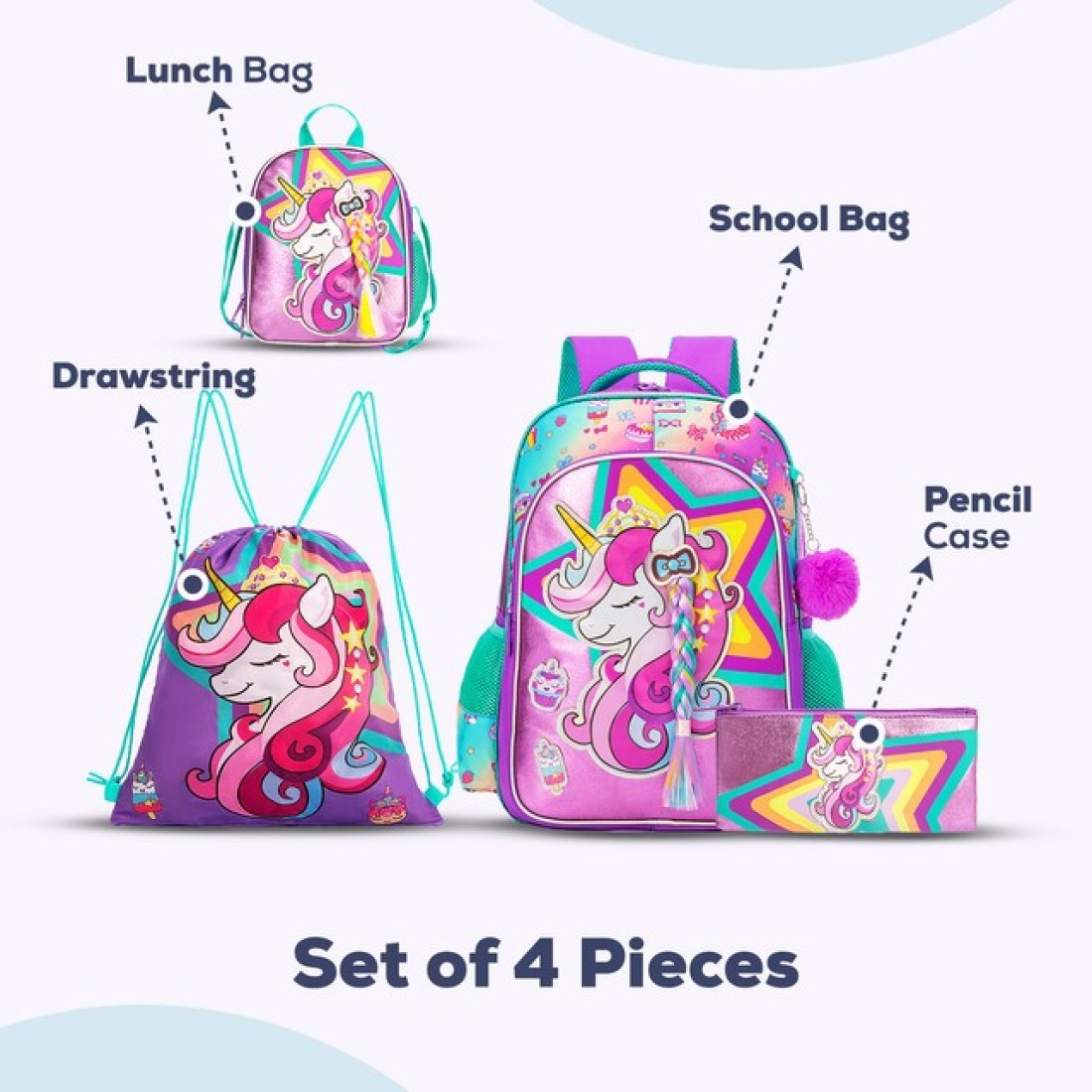 Eazy Kids - 18&quot; Set of 4 School Bag Lunch Bag Activity Bag &amp; Pencil Case Unicorn-Pink