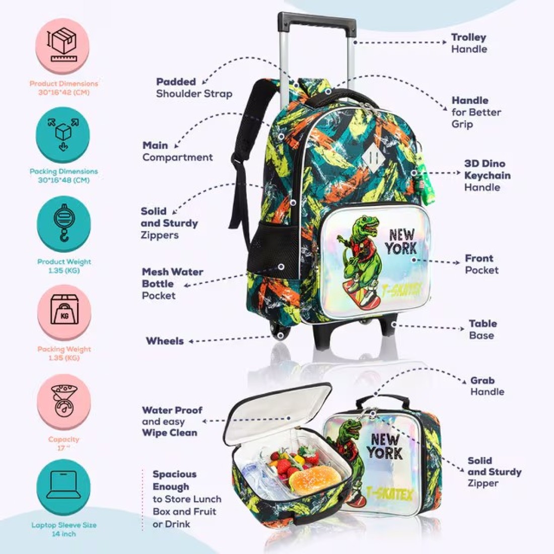 Eazy Kids - 16&quot; Set of 3 Trolley School Bag Lunch Bag &amp; Pencil Case New York Dinosaur - Green