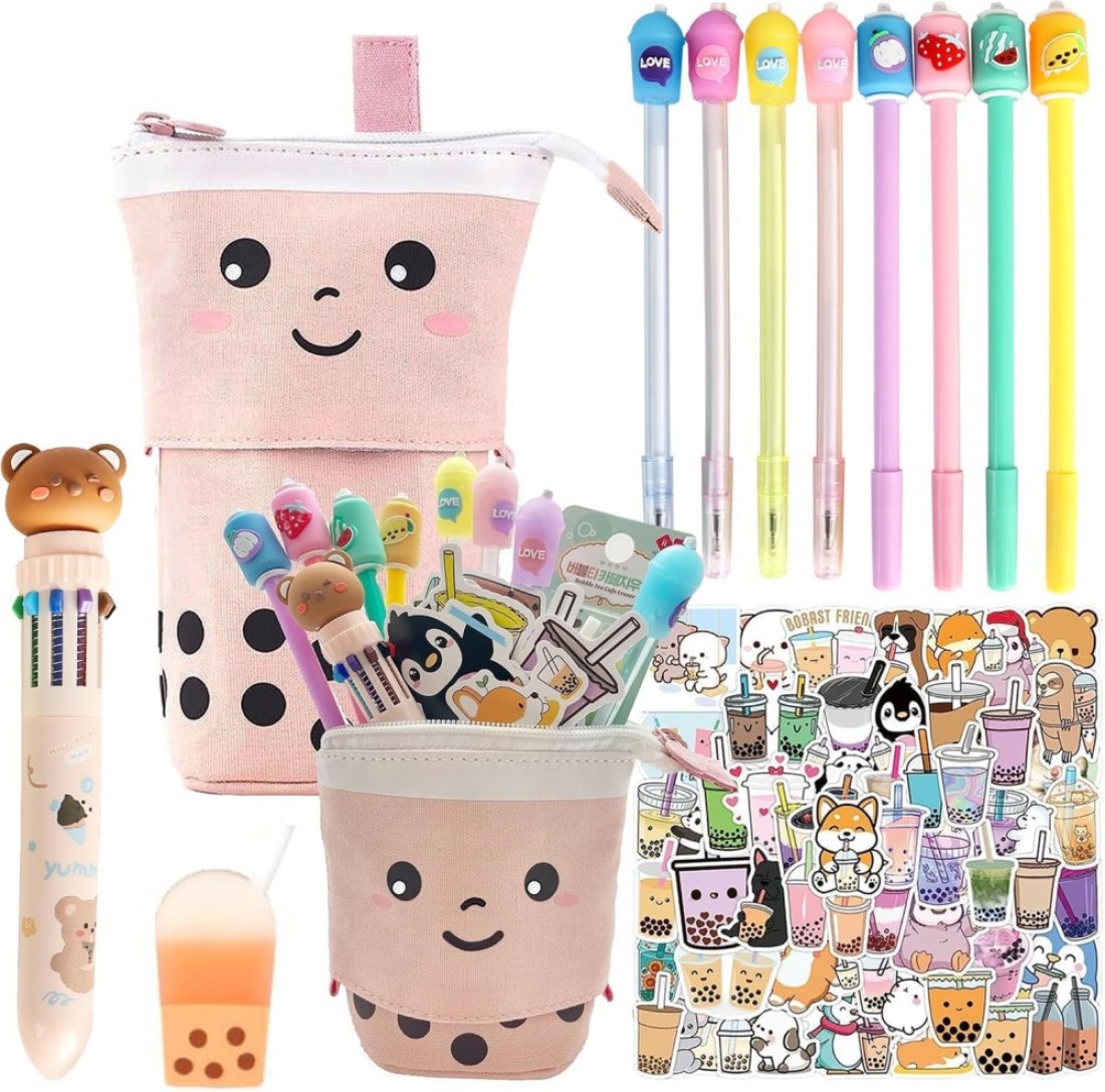 Primo Lines Kawaii Pencil Case and Complete 61 PCS Pink Stationary Set with Pop Up Cute Boba Case 8 Pens 50 Bubble Tea Stickers Multi Color Pen For School Supplies