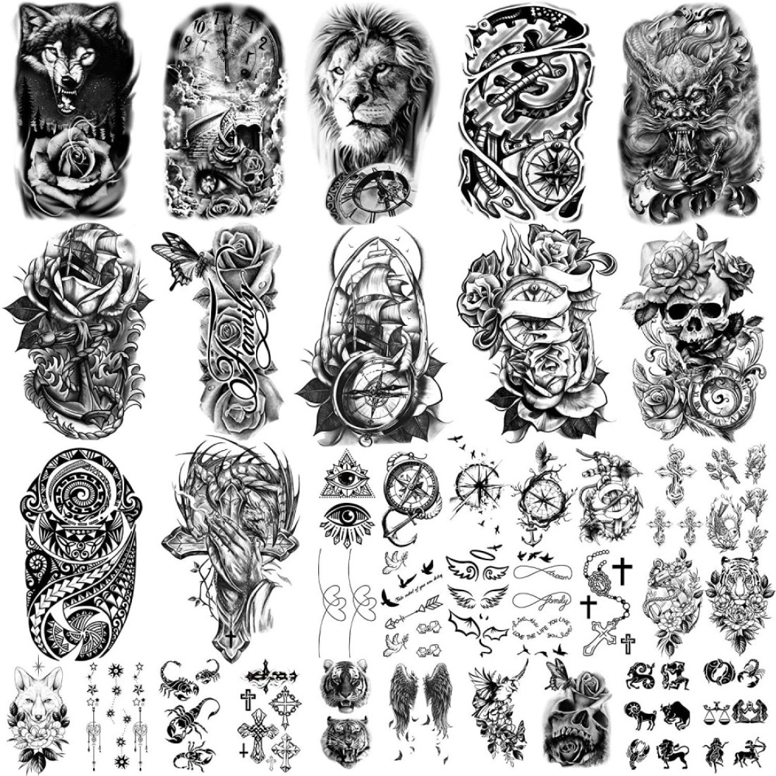 Yazhiji 36 Sheets Temporary Tattoos Stickers 12 Sheets Fake Body Arm Chest Shoulder Tattoos for Men or Women with 24 Sheets Tiny Black