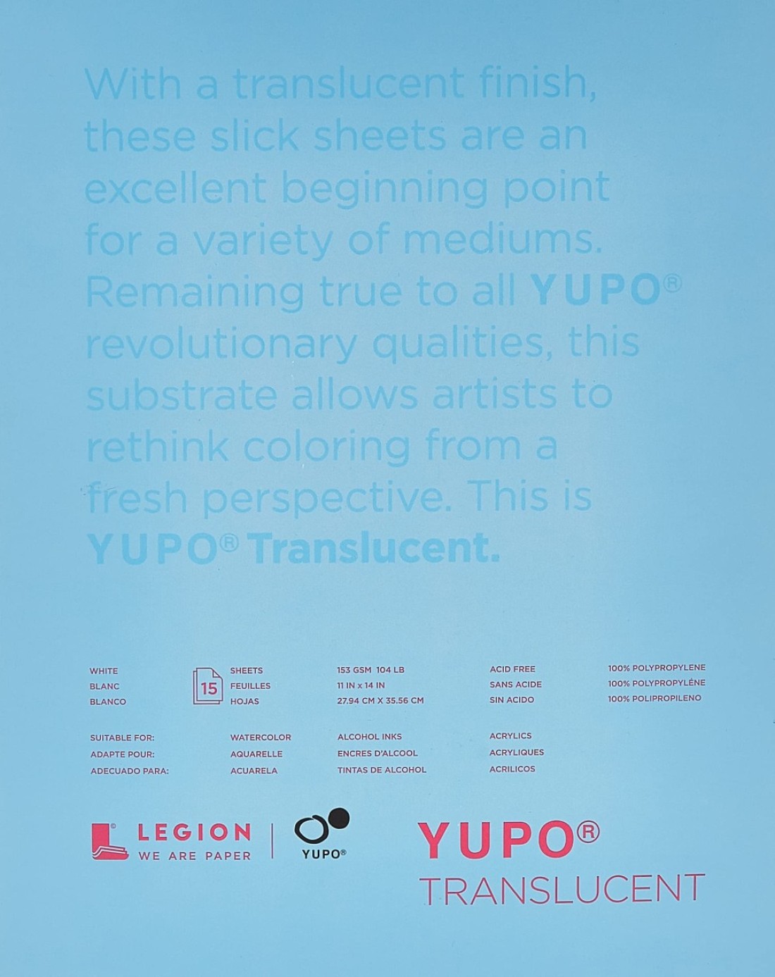 Yupo Paper L21YUP153WH1114 Translucent Sheets 15 Sheets 11 x 14