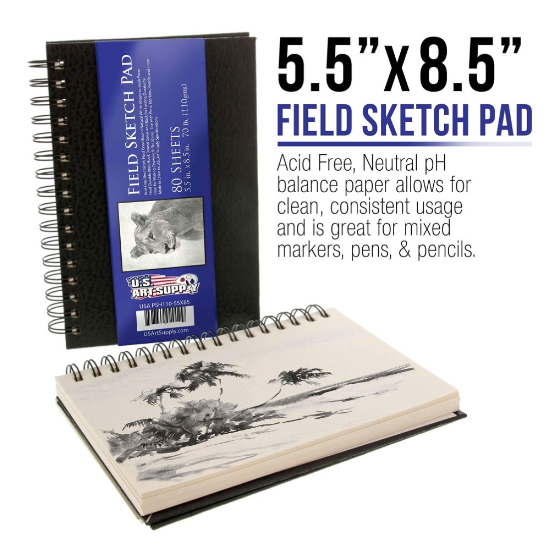 US Art Supply 55 x 85 Premium Hardbound Sketch Book Pack of 2 80 Sheets Each 70 lb 110gsm Hardcover Spiral Bound Artist Field Sketch Pad AcidFree Drawing Paper Kids Adults Students