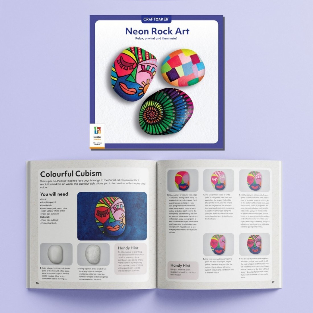 Hinkler Craft Maker Neon Rock Art Kit - DIY Rock Painting Set includes 24-page book, 4 rocks, paintbrush, double-ended neon paint pen, paint pots,