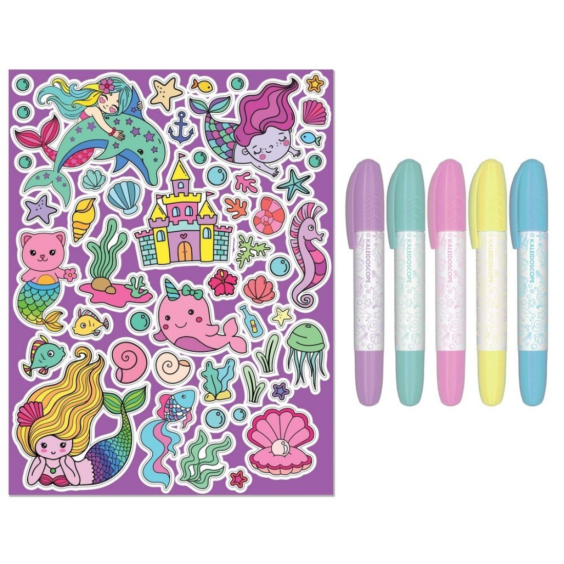 Hinkler Jr Kaleidoscope Colouring Kit &ndash; Mermaids Edition includes a 64-page colouring book with 5 pastel markers and 50 fun stickers, Magical Colouring Fun for Kids, Perfect Gift for Creative Play