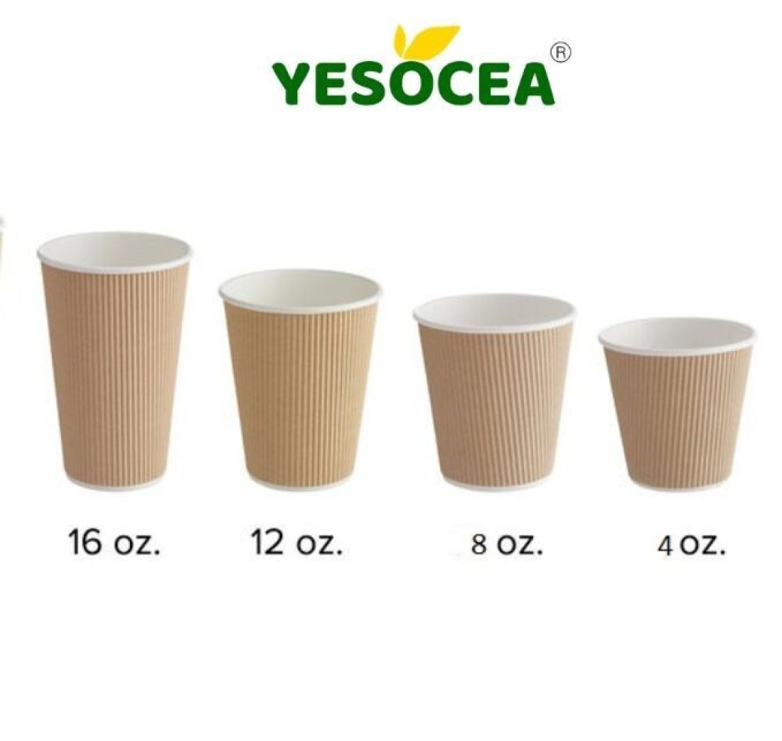 YESOCEA [50 مجموعة] 12 أوقية. أكواب قهوة كرافت للاستعمال مرة واحدة مع أغطية - أكواب ورقية ثلاثية تموج بني اللون الساخن للشاي والمشروبات للذهاب