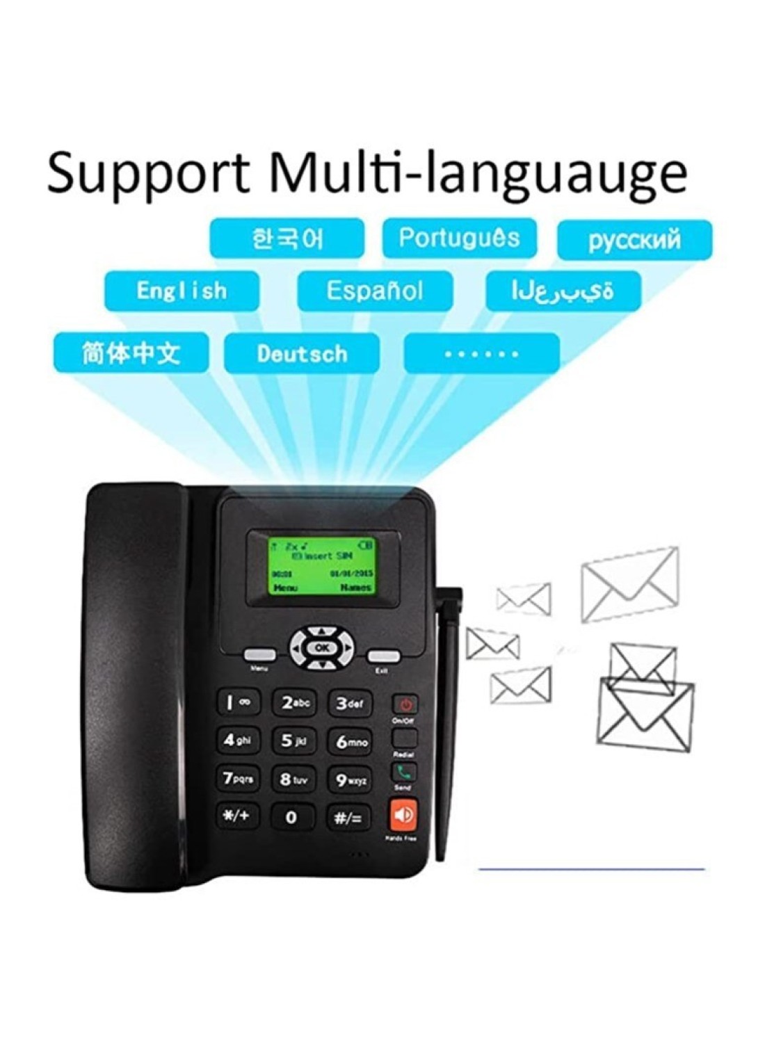هاتف أرضي مع راديو FM ودعم GSM - فتحة بطاقة SIM، معرف المتصل، وظيفة حر اليدين، نطاق رباعي، متوافق مع الرسائل القصيرة - هاتف لاسلكي للمنزل والفندق والمكتب (أسود)