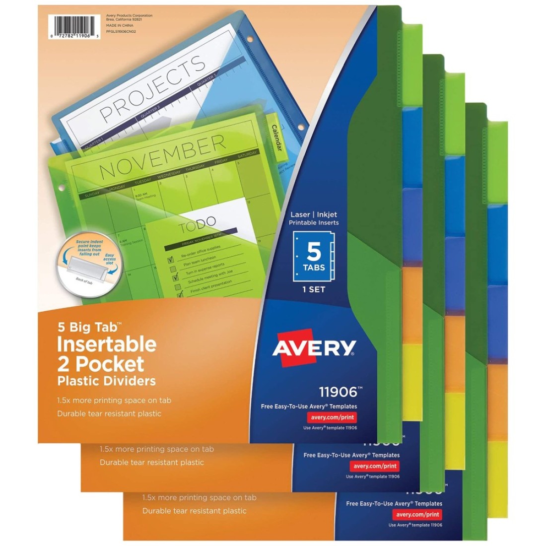 Avery Dividers for 3 Ring Binders 5Tab Binder Dividers TwoPocket Plastic Binder Dividers Insertable Big Tabs Multicolor 3 Sets 71906