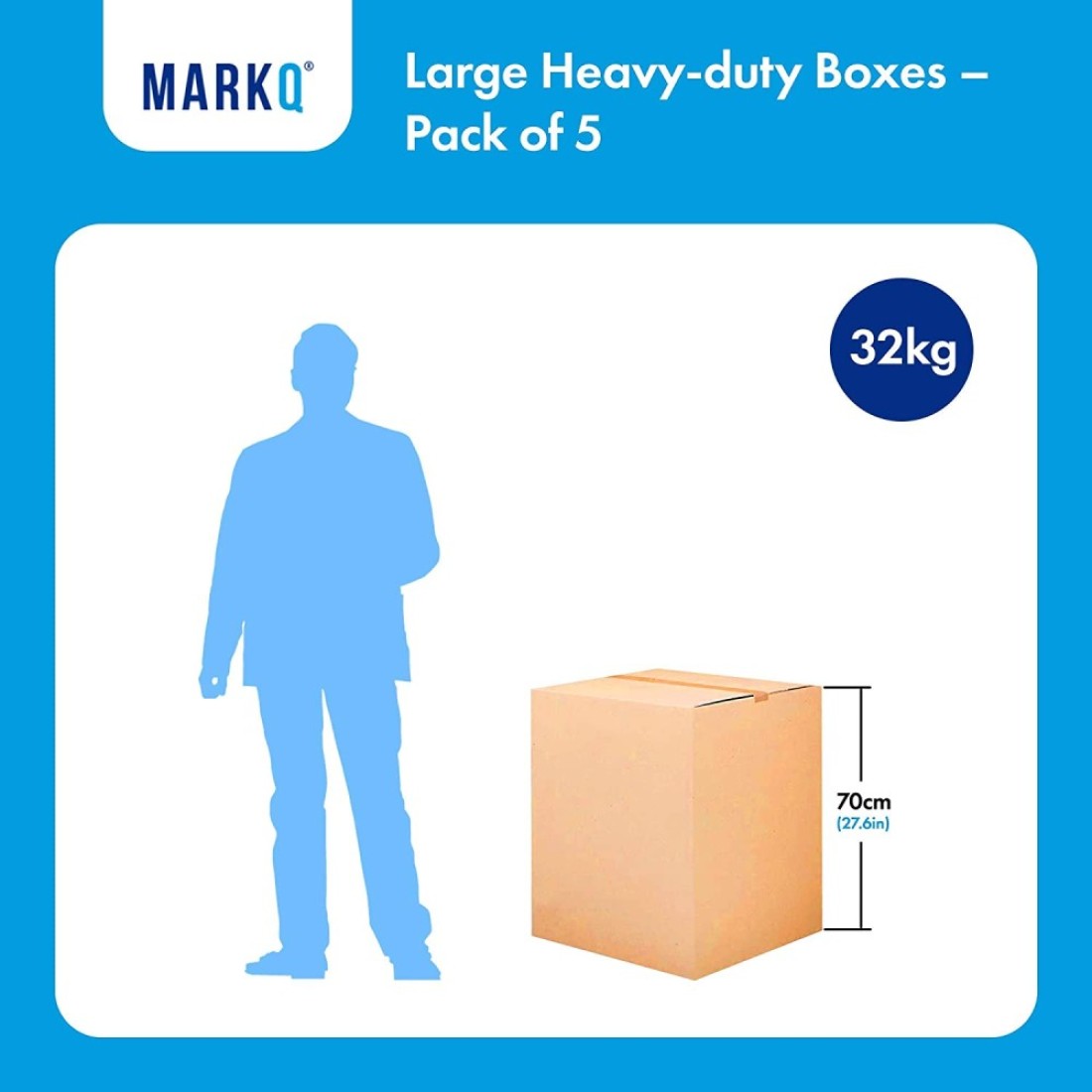 Markq [5 Pack] Large Double Wall 100% Recyclable Corrugated Cardboard Moving Boxes with 32 KG Capacity, 45 x 45 x 70 cm Brown Carton for Packaging, Shipping and Storage, 5 ply