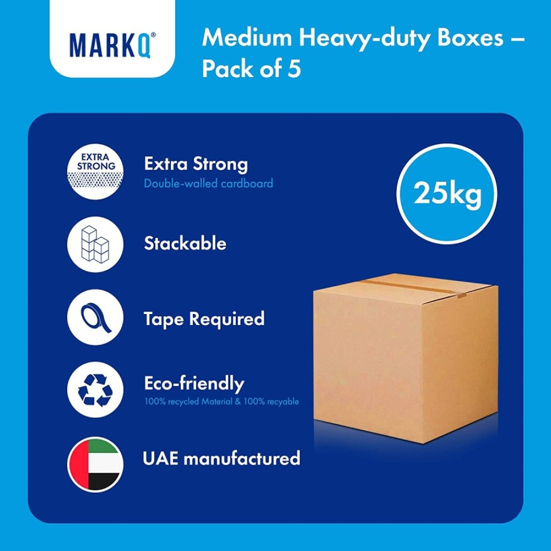 Markq [5 Pack] Medium Double Wall 100% Recyclable Corrugated Cardboard Moving Boxes with 25 KG Capacity, 45 x 45 x 45 cm Brown Carton for Packaging, Shipping and Storage, 5 ply