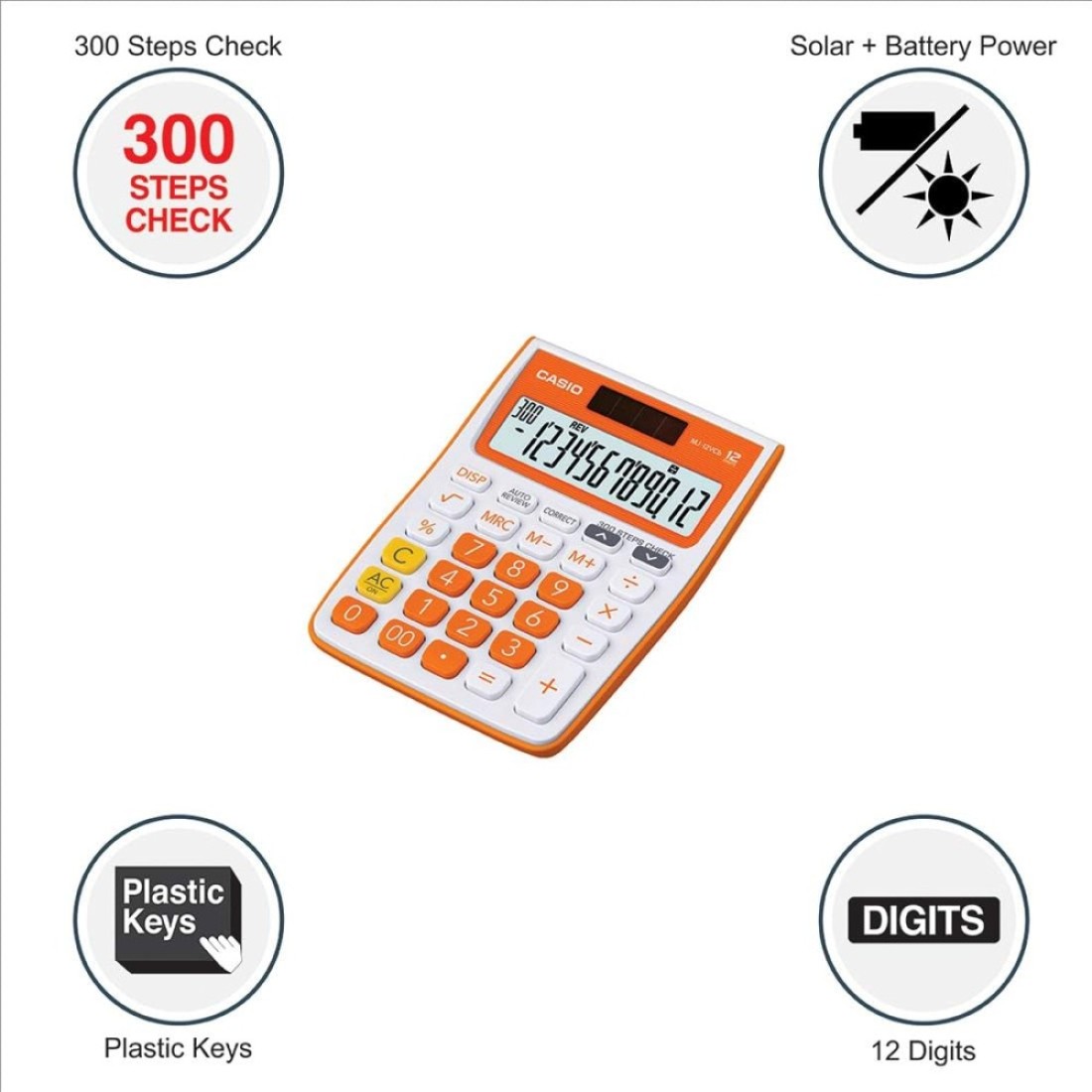 Casio MJ-12VCb-RG 300 Steps Check &amp; Correct Colourful Desktop Calculator (Orange)