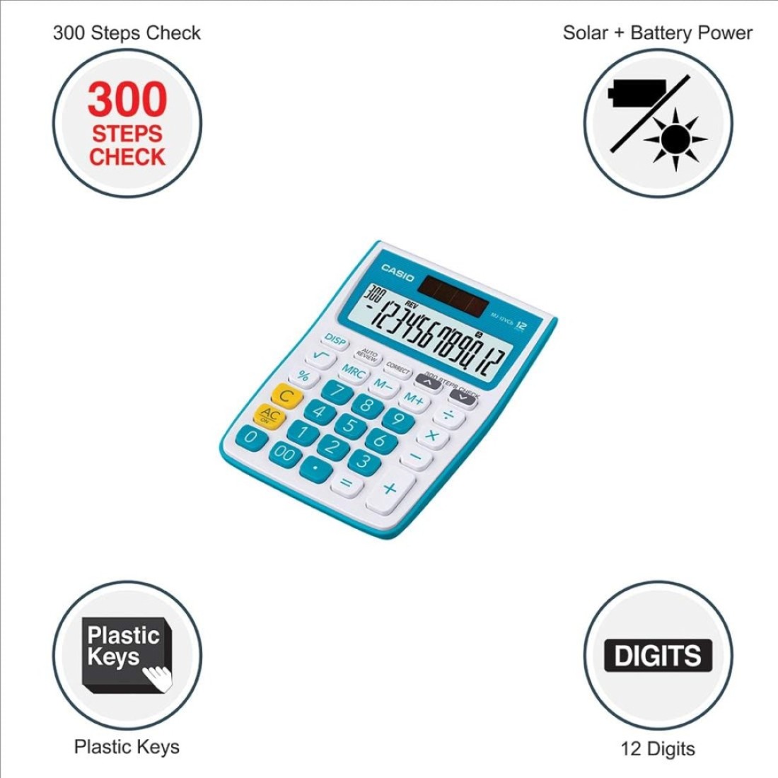 Casio MJ-12VCb-BU 300 Steps Check &amp; Correct Colourful Desktop Calculator (Blue)
