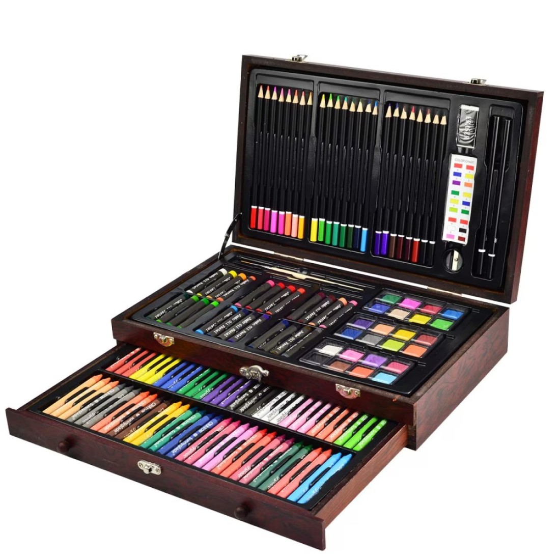 Sunnyglade 145 Piece Deluxe Art Set Wooden Box Drawing Kit with Crayons Oil Pastels Colored Pencils Watercolor Cakes Sketch Pencils Paint Brush Sharpener Eraser Color Chart Cherry