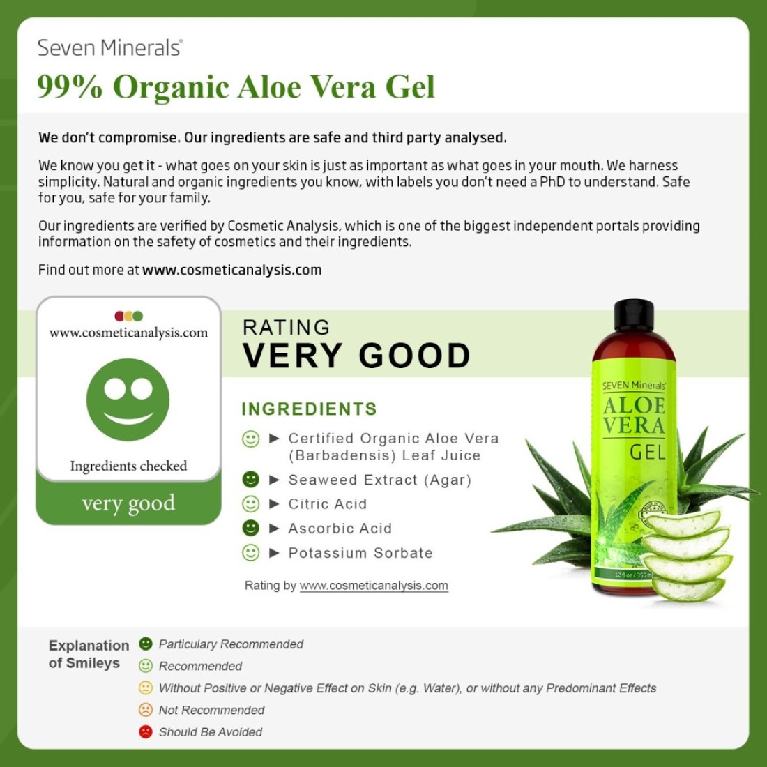 Seven MineralsAloe Vera Gel 99 Organic Big 12 oz NO XANTHAN so it Absorbs Rapidly with No Sticky Residue made from REAL JUICE NOT POWDER