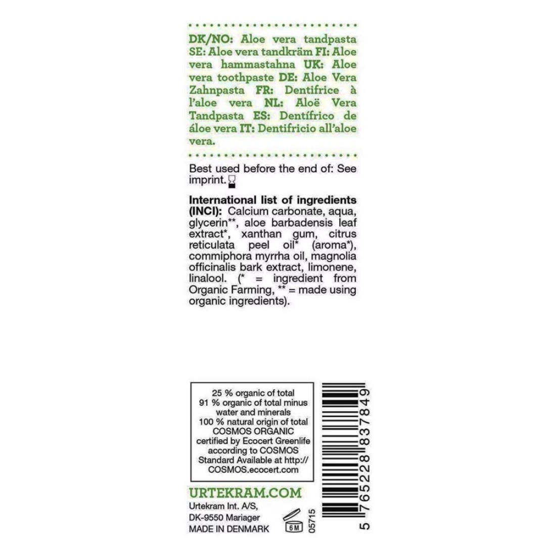Urtekram Fluoride-Free Organic Aloe Vera Toothpaste White 75ml