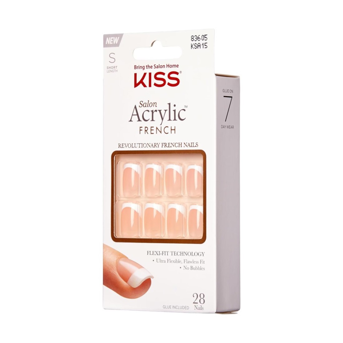KISS Salon Acrylic Press On Nails Nail glue included Bonjour NudeWhite Short Size Squoval Shape Includes 28 Nails 2g Glue 1 Manicure Stick 1 Mini File
