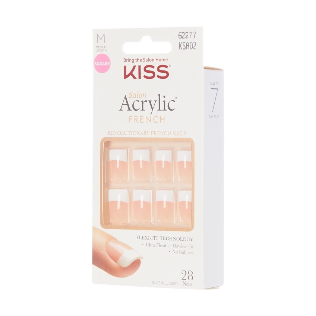 KISS Salon Acrylic Press On Nails Nail glue included Sugar Rush French Medium Size Square Shape Includes 28 Nails 2g Glue 1 Manicure Stick 1 Mini File