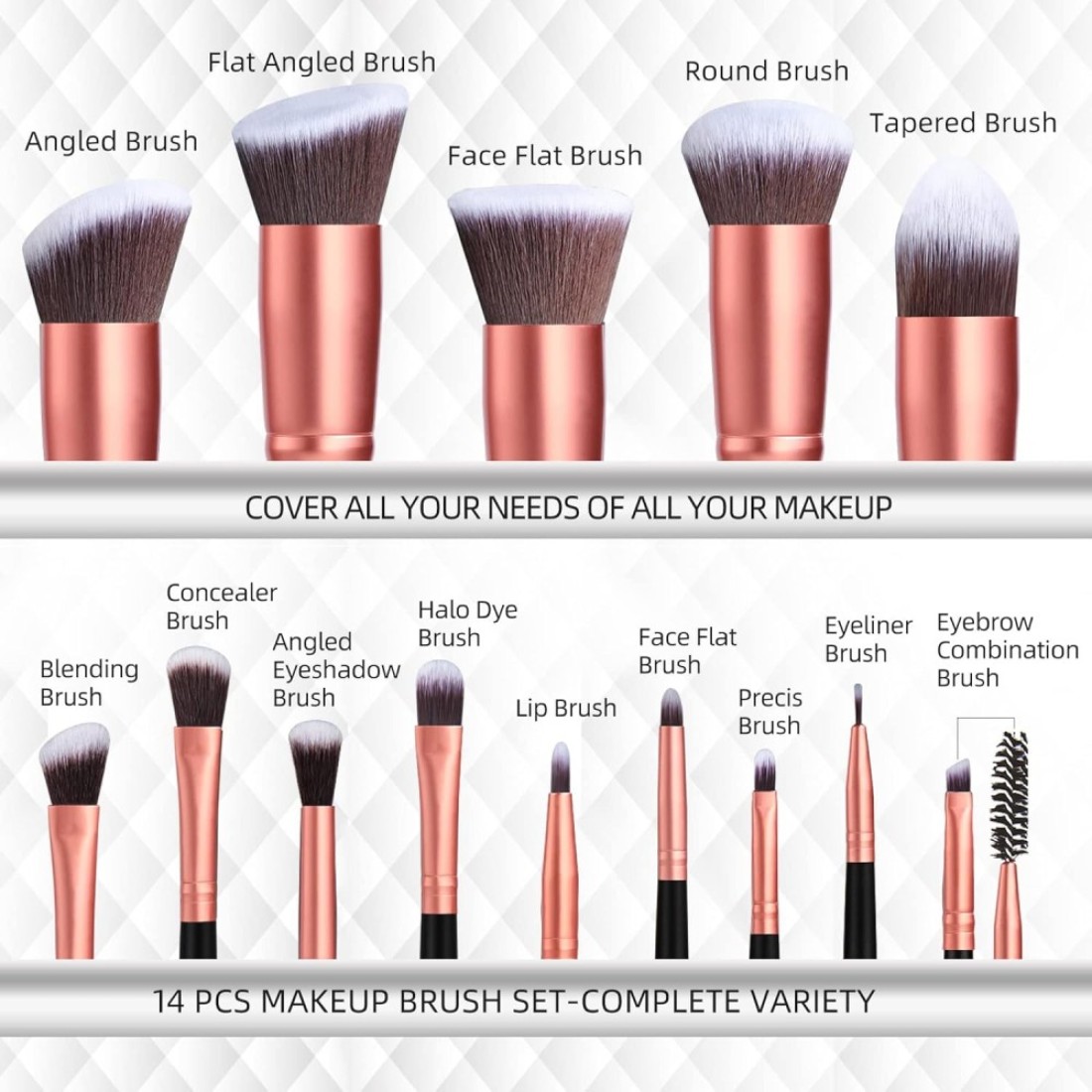 BS-MALL Makeup Brushes Premium Synthetic Foundation Powder Concealers Eye Shadows Makeup 14 Pcs Brush Set Rose Golden