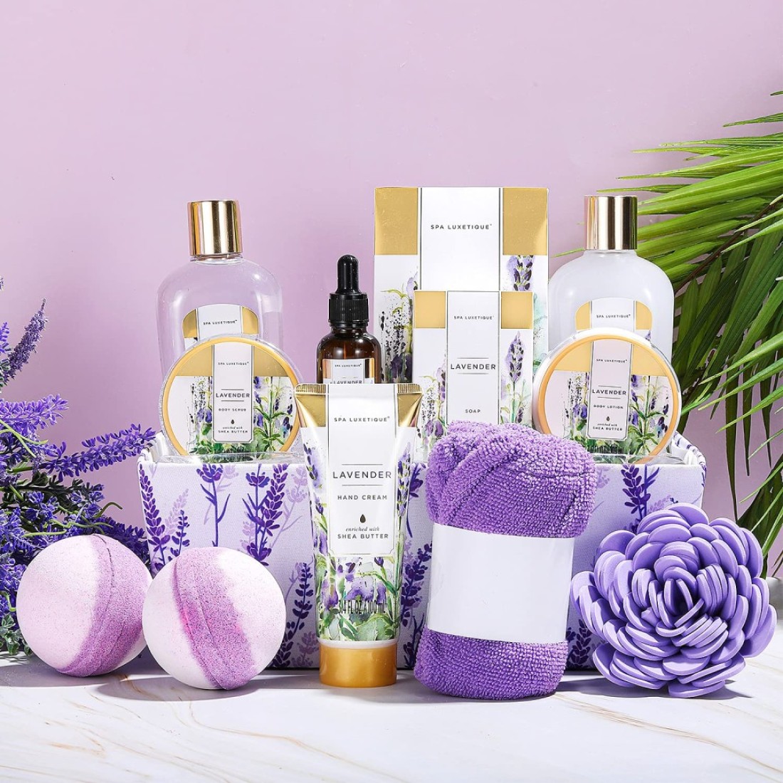 Spa Gift Basket Spa Luxetique Lavender Spa Kit for Women 12 Pcs Lavender Scented Spa Gift Set Home Spa Set with Essential Oil Bubble Bath Bath Salts Body Scrub Mothers Day Gifts for Mom