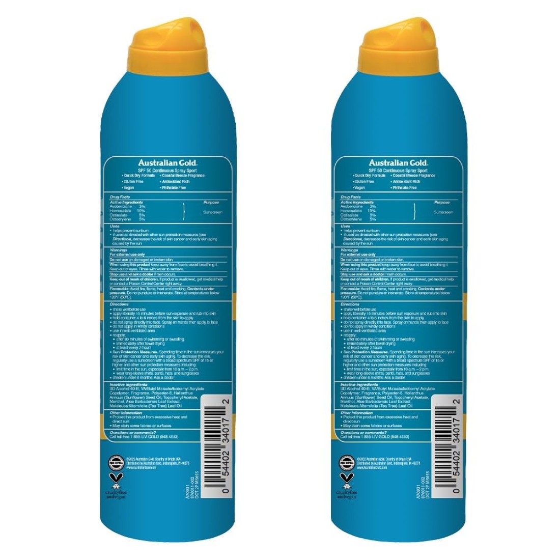 Australian Gold Extreme Sport Continuous Spray Sunscreen SPF 50 Broad SpectrumSweat Water ResistantNonGreasyOxybenzone FreeCruelty Free Sport New Coastal Breeze 6 Oz 2 Pack