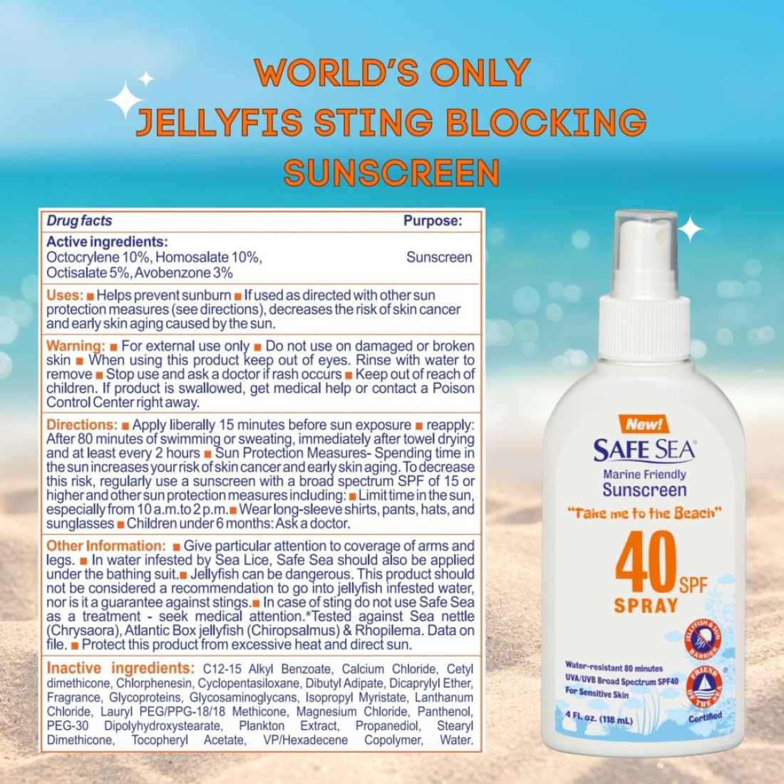 SAFE SEAJellyfish StingBlocking Sunscreen SPF 40 Spray 4 Fl oz Waterproof Biodegradable Coral ReefSafe Body and Face Sunscreen AntiJellyfish and SeaLice sting protection