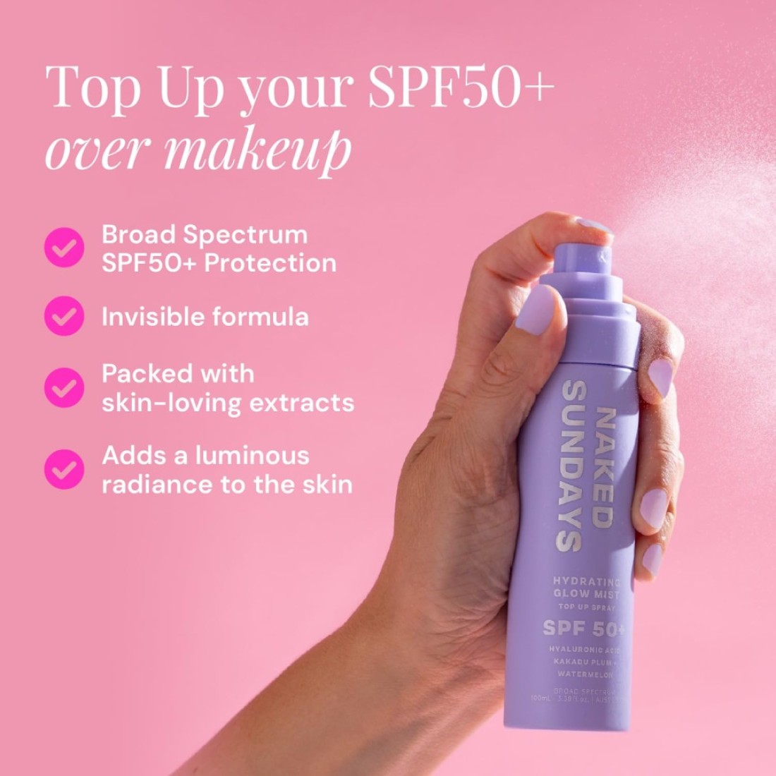 Naked SundaysSPF50 Hydrating Glow Mist 75ml Daily Face Sunscreen Spray SPF Face Spray Sunscreen Spray for Face Face Mist Sunscreen