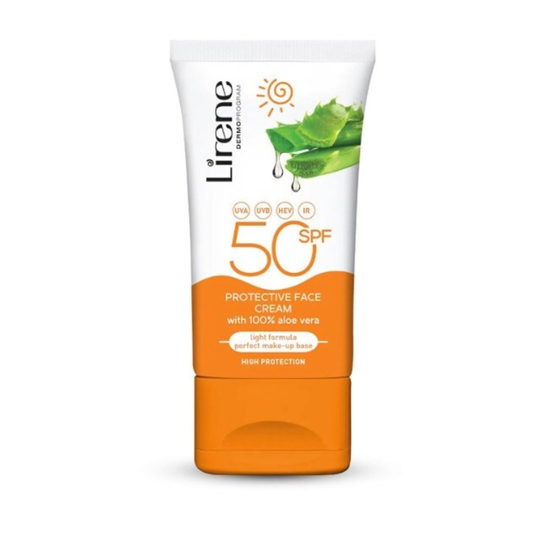 Lirene Protective Face Cream with 100% Aloe Vera Water, SPF 50+ - Light Formula - Perfect Makeup Base - High Protection - 50ml