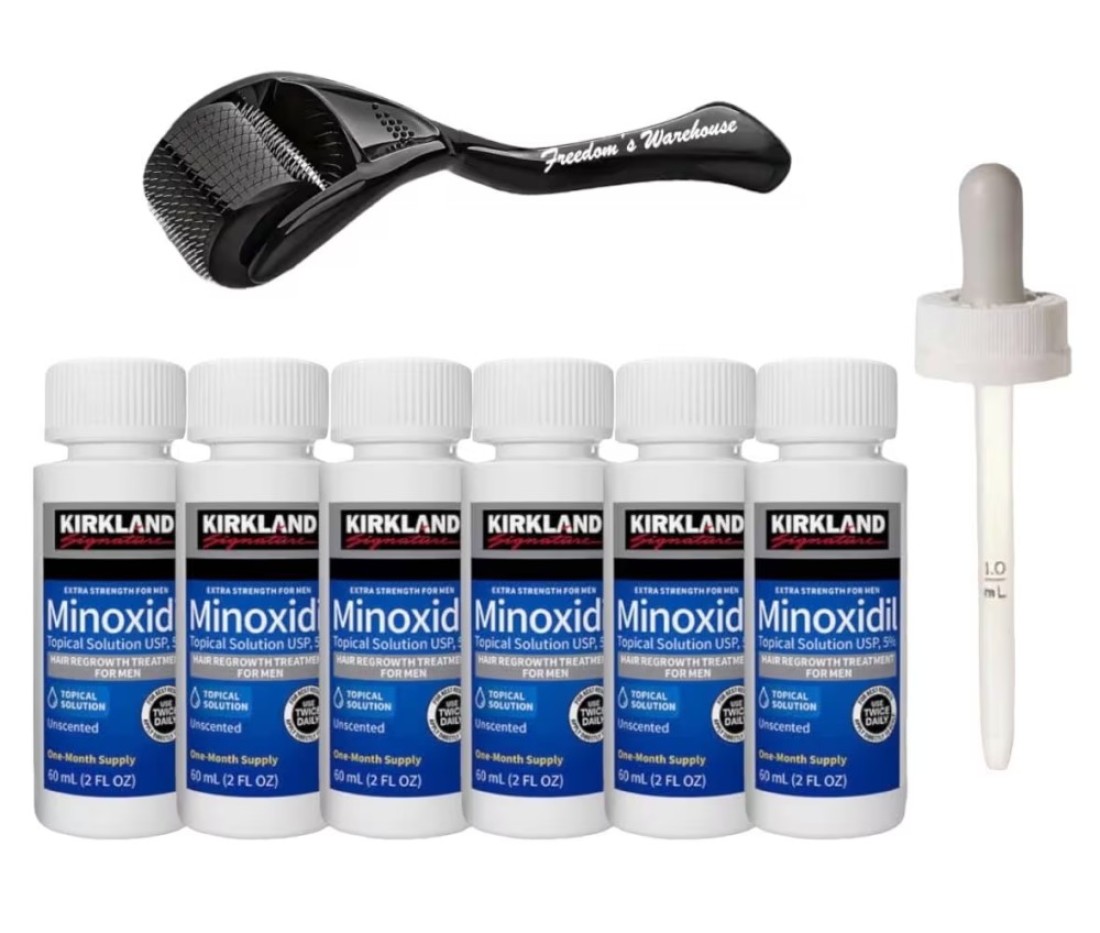 6 Pack Kirkland Minoxidil for Men Hair Regrowth Treatment Liquid Extra Strength 5 Topical Solution 6 Months Supply Dropper Applicator and Microneedle Roller Included Minoxidil Kirkland