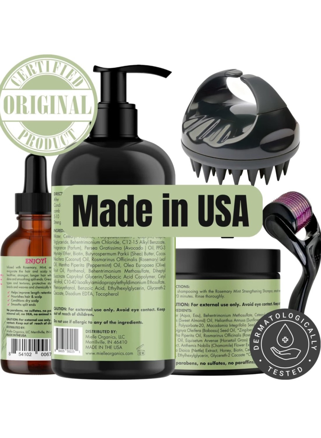 Mielle Organics Rosemary Mint Strengthening Full Set 5 - Rosemary Hair Oil, Shampoo, Hair Mask, Derma Ruller And Scrubber - For Hair Growth, Protection &amp; Treatment - Infused With Biotin 754ml